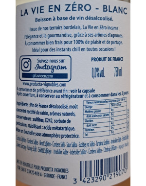 Contre Etiquette de la Bouteille de La Vie en Zéro - Blanc Sans Alcool 75cL