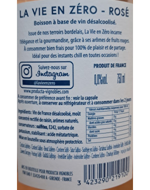Contre Etiquette de la Bouteille de La Vie en Zéro - Rosé Sans Alcool 75cL