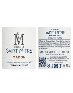Étiquette avant et contre-étiquette du vin rosé Madon 2025 Domaine Saint Mitre, AOP Coteaux Varois en Provence.