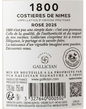 Etiquette Contre de la Bouteille 1800 Rosé Gallician Signature AOP Costières de Nîmes