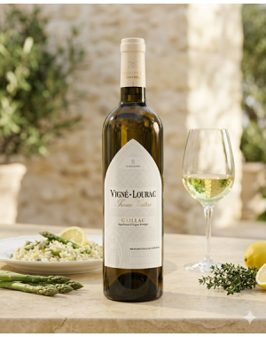 Bouteille de Vigné-Lourac Terrae Veritas Gaillac blanc avec verre de vin blanc en mise en situation