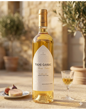 Bouteille Vigné-Lourac Terrae Veritas blanc doux AOP Gaillac avec foie gras, figues et verre de vin