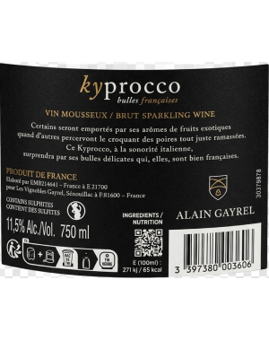 Etiquette contre d'une Bouteille de Kyprocco Bulles Françaises, alternative française au Prosecco, vin mousseux brut