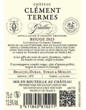 Etiquette Contre d'une Bouteille Clément Termes Rouge Château Clément Termes AOP Gaillac