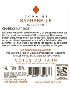 Etiquette Contre Sarrabelle Chardonnay Insolo vin blanc sec IGP Côtes du Tarn
