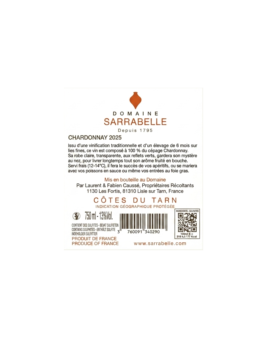 Etiquette Contre Sarrabelle Chardonnay Insolo vin blanc sec IGP Côtes du Tarn - photo 3 sur 3
