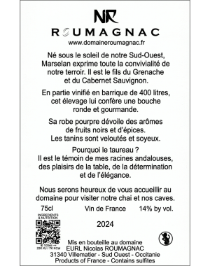 Etiquette Contre d'une Bouteille de vin rouge Roumagnac Marselan Vin de France