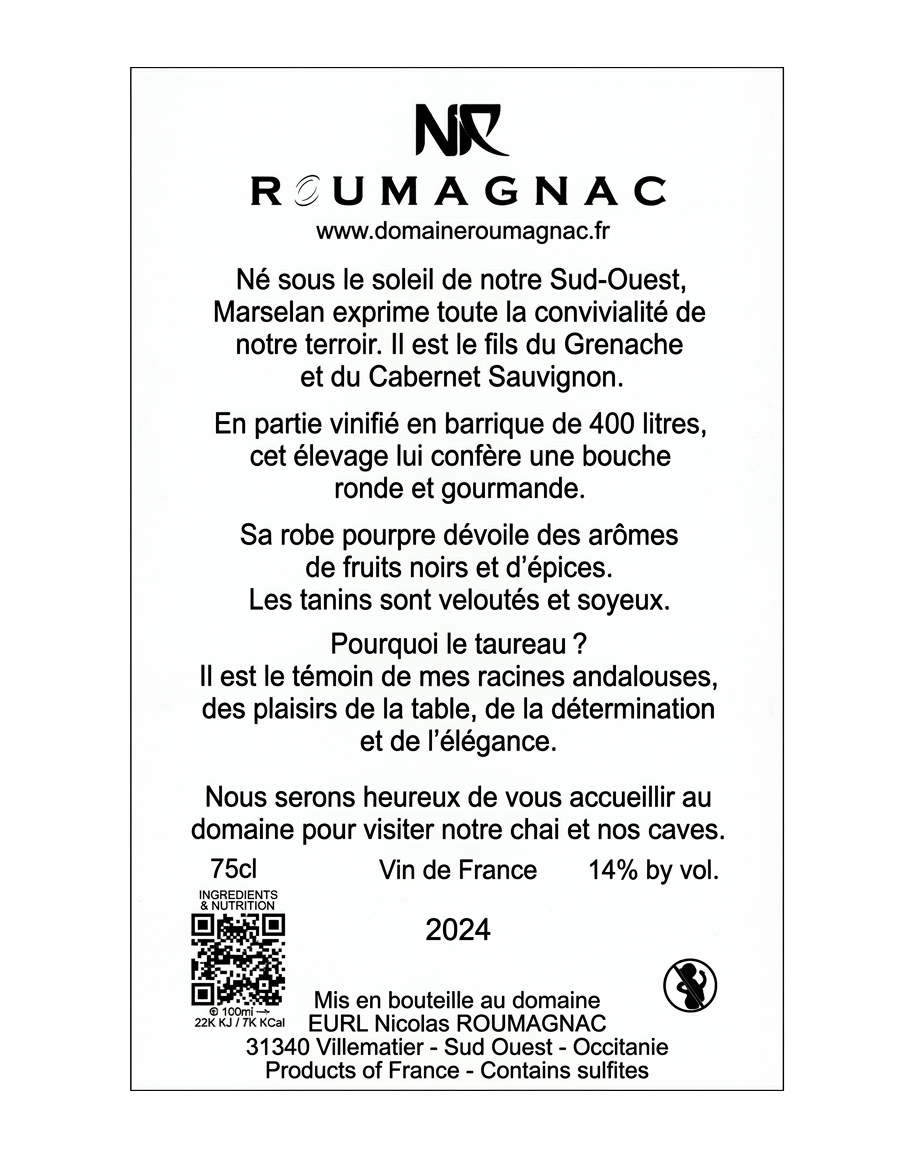 Etiquette Contre d'une Bouteille de vin rouge Roumagnac Marselan Vin de France - photo 3 sur 3