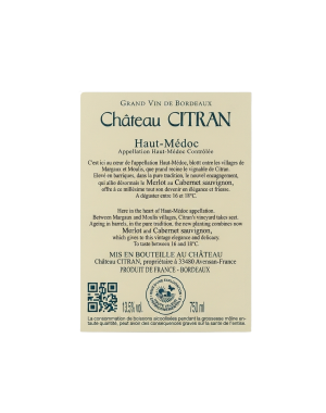 Bouteille Château Citran 2020 vin rouge Haut-Médoc Etiquette Contre