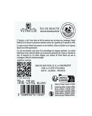 Contre-étiquette Domaine Vetriccie Blanc 2025 vin de Corse 75 cl