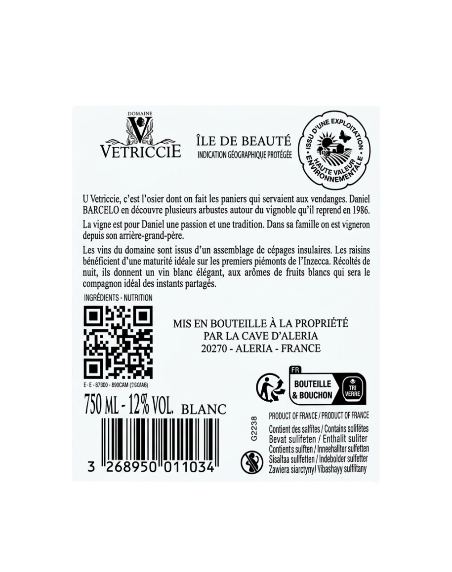 Contre-étiquette Domaine Vetriccie Blanc 2025 vin de Corse 75 cl - photo 3 sur 3