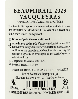 Contre etiquette Bouteille de Beaumirail, Vacqueyras rouge de Gigondas LaCave