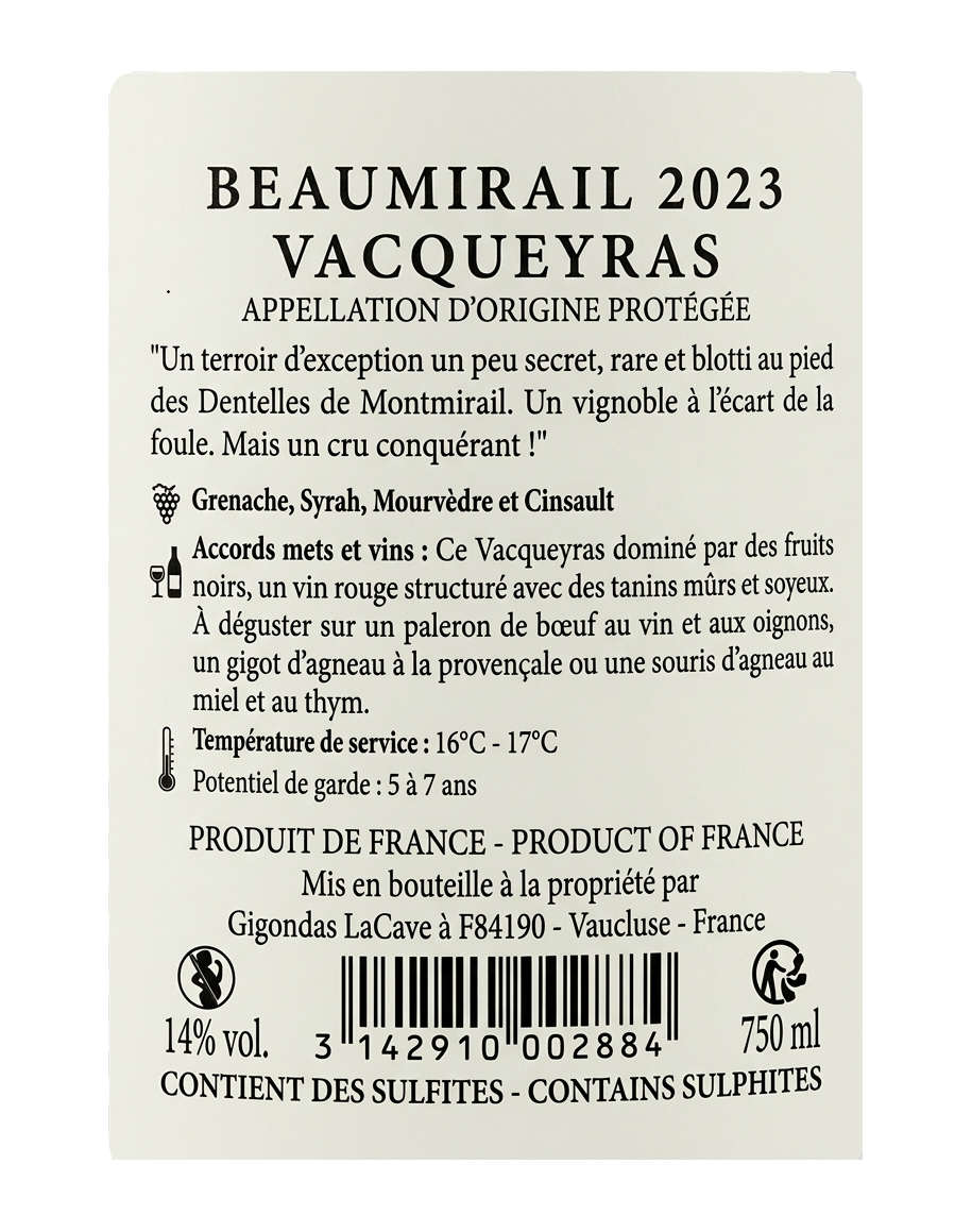 Contre etiquette Bouteille de Beaumirail, Vacqueyras rouge de Gigondas LaCave - photo 2 sur 3